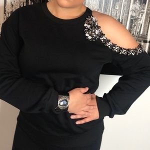 Long Sleeve Crystal Embellished Cold Shoulder Top